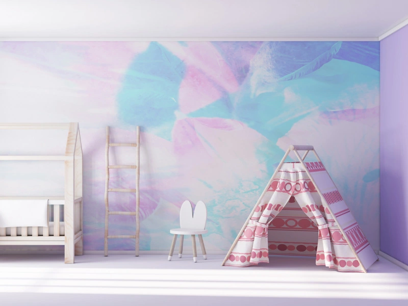 baby-girl-nursery-with-white-ceiling-and-purple-wall-and-mural-accent-wall-containing-pink-purple-and-teal-paint-colors