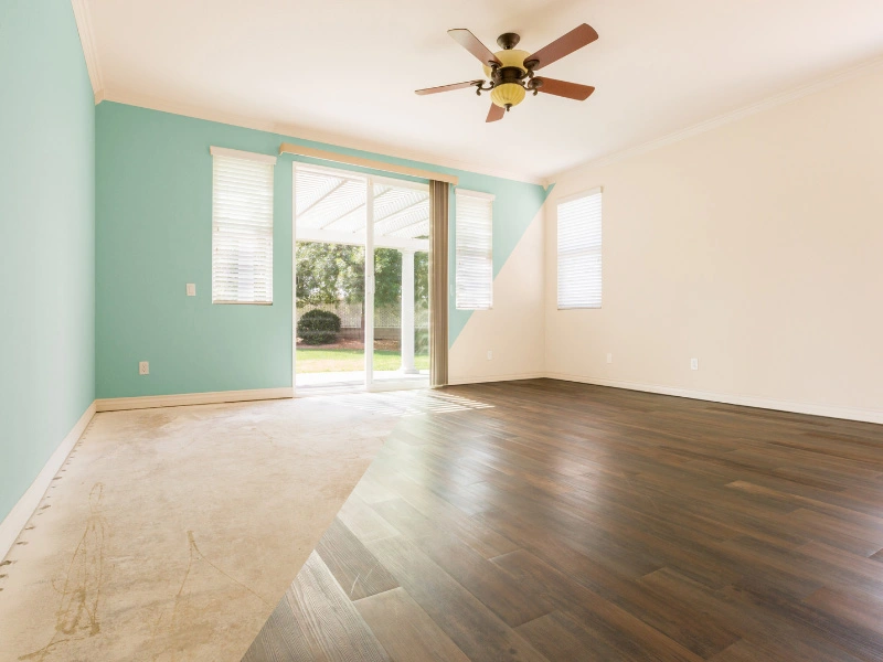 split-image-showing-before-image-of-dining-room-with-neon-mint-colored-walls-and-newly-painted-soft-white-walls