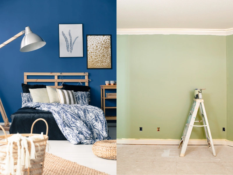 split-image-showing-calm-deep-blue-painted-bedroom-and-newly-painted-sage-green-room-with-ladder-in-it