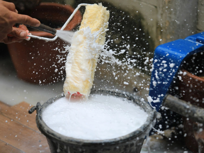 paint-roller-being-cleaned-off-by-a-hose-and-bucket-of-soapy-water