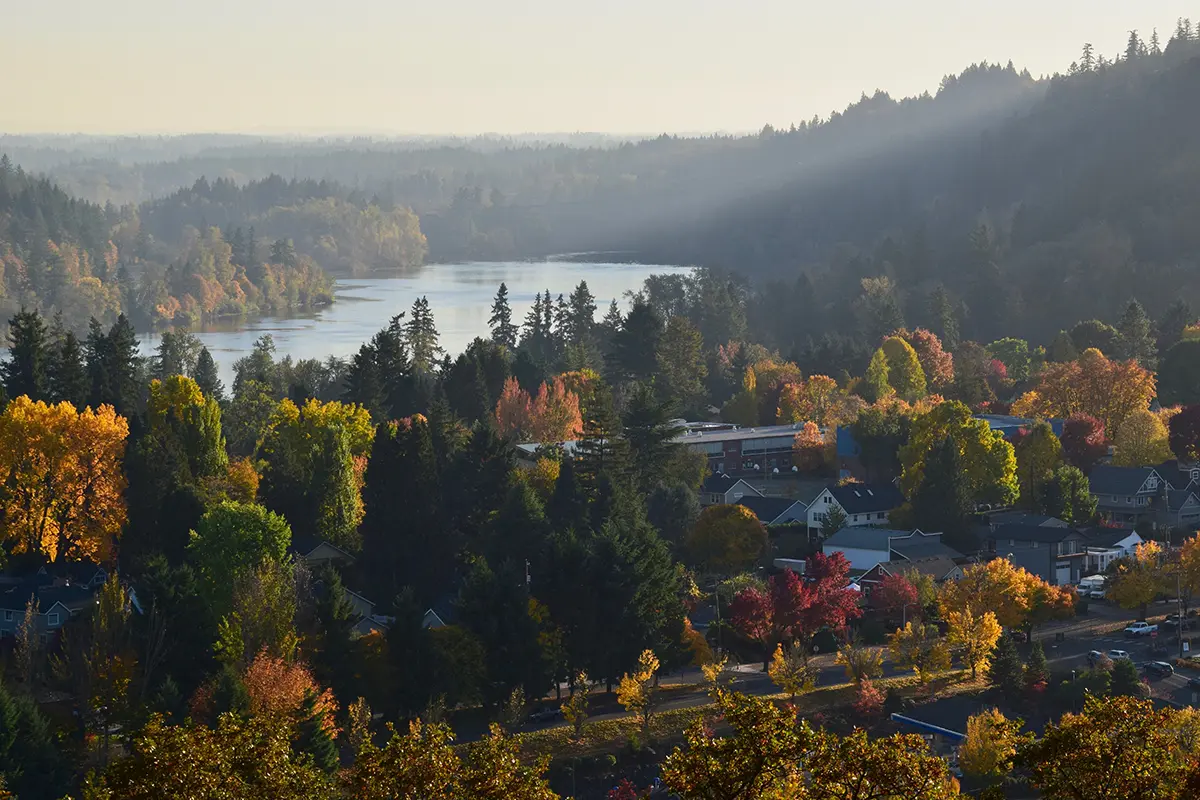 west-linn-painters a photo of the city of west linn, with trees, hills and the willamette river in the background