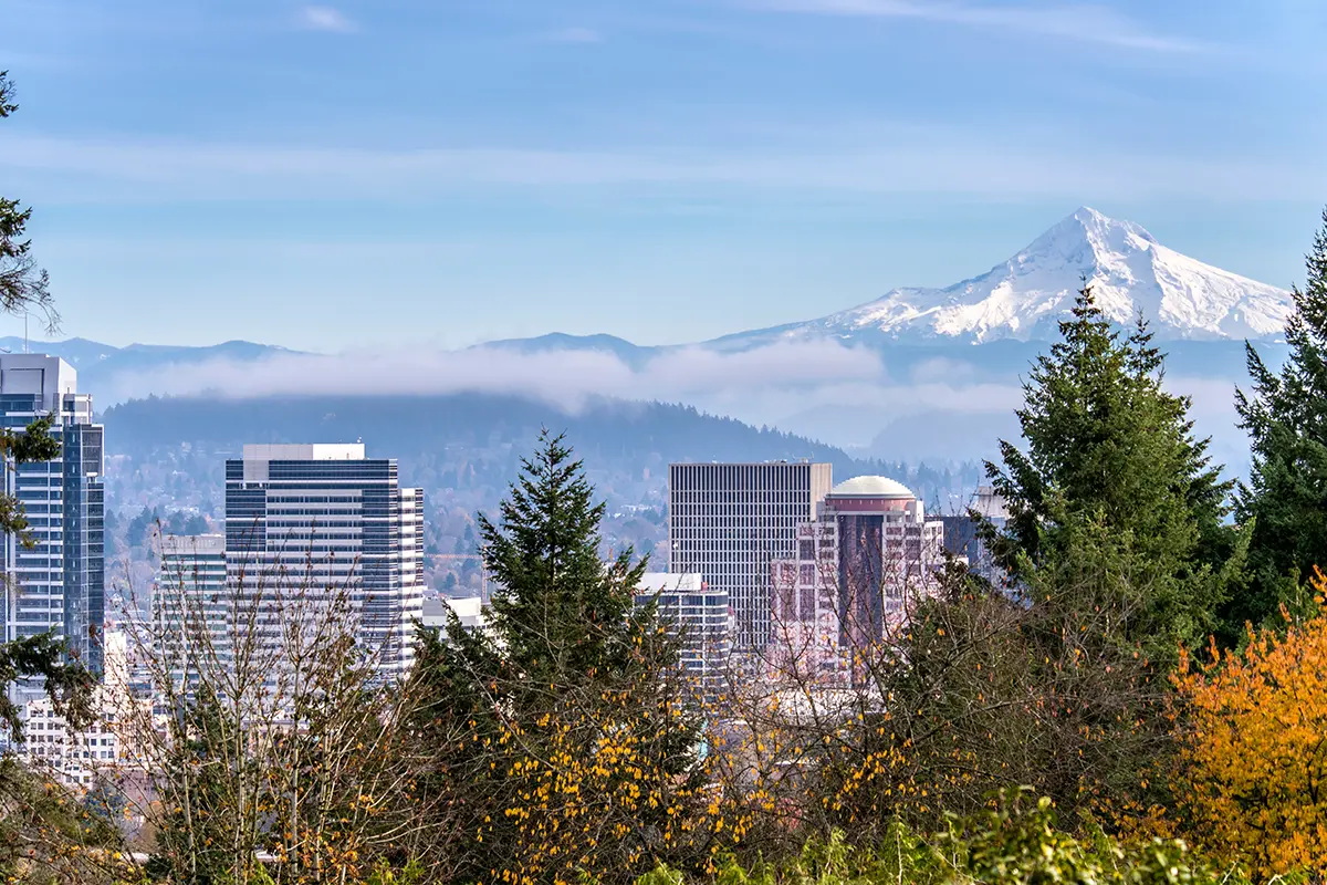 a photo of the portland city y skyline in fall